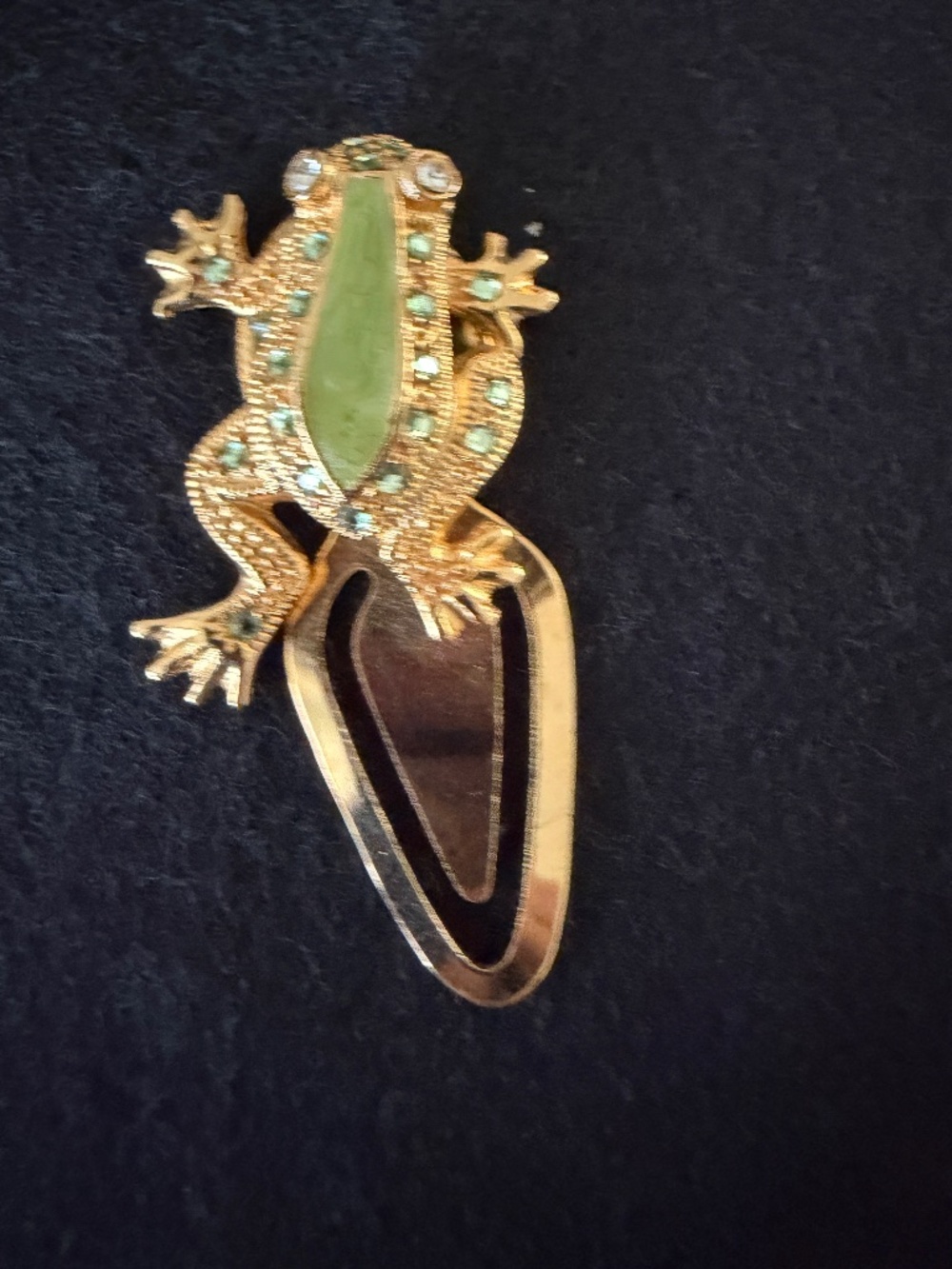 Vintage Frog Enameled Bookmark Green Rhinestones Gold Tone